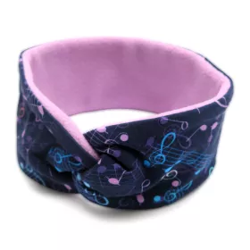 Čelenka vlasová textilní turbanová s fleecem tmavě modrá s růžovými a modrými notami a houslovými klíči
