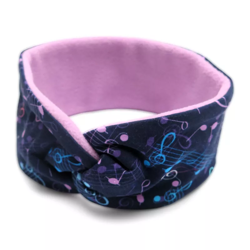 Čelenka vlasová textilní turbanová s fleecem tmavě modrá s růžovými a modrými notami a houslovými klíči