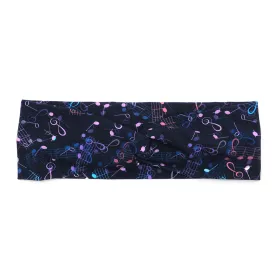Čelenka vlasová textilní turbanová tmavě modrá s růžovými a modrými notami a houslovými klíči