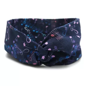 Čelenka vlasová textilní turbanová tmavě modrá s růžovými a modrými notami a houslovými klíči