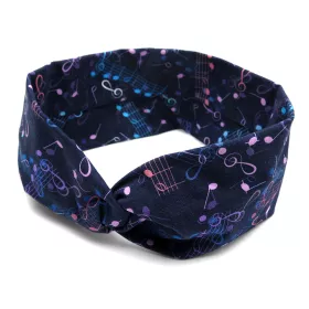 Čelenka vlasová textilní turbanová tmavě modrá s růžovými a modrými notami a houslovými klíči