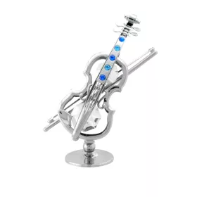 Figurka miniatura housle kovová stříbrná s bílými a modrými krystaly Swarovski