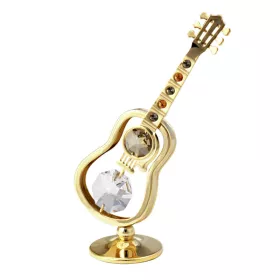 Figurka miniatura kytara akustická kovová zlacená s hnědými krystaly Swarovski