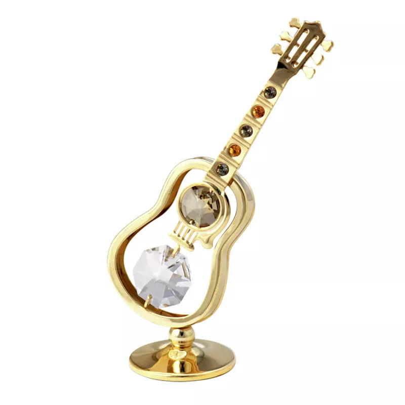 Figurka miniatura kytara akustická kovová zlacená s hnědými krystaly Swarovski