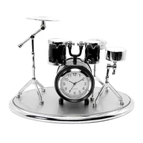 Hodiny stolní s miniaturou bicí stříbrnočerné na podstavci