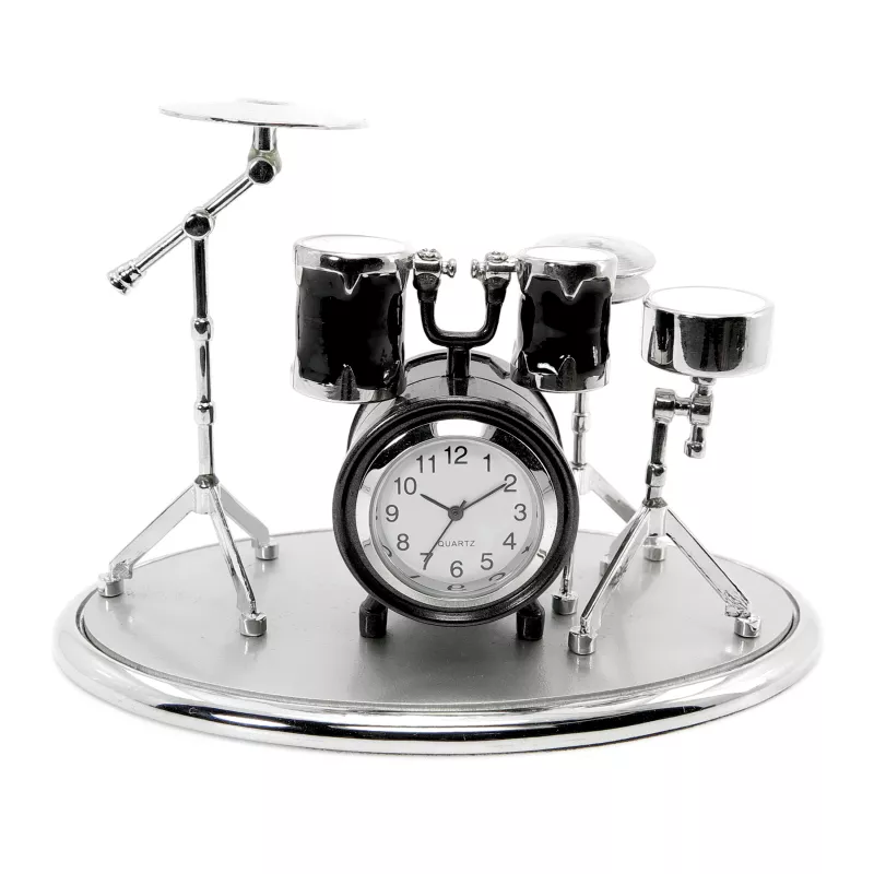 Hodiny stolní s miniaturou bicí stříbrnočerné na podstavci