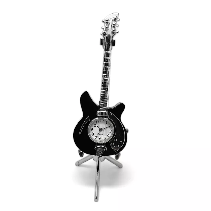 Hodiny stolní s miniaturou kytara elektrická černá se stojanem