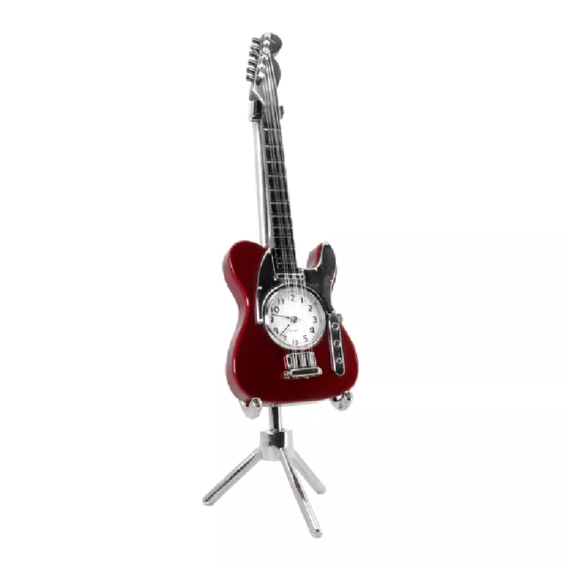 Hodiny stolní s miniaturou kytara elektrická červená se stojanem