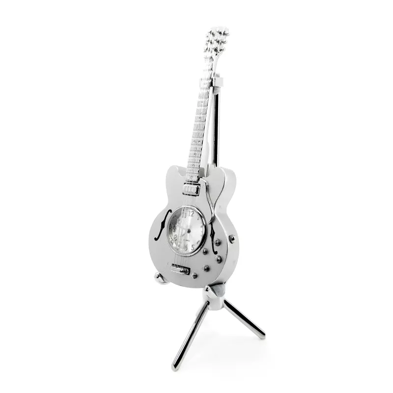  Hodiny stolní s miniaturou kytara elektrická stříbrná se stojanem