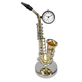 Hodiny stolní s miniaturou saxofon zlatostříbrný se stojanem