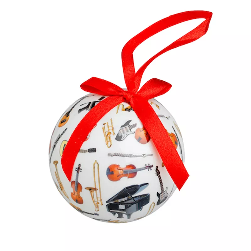Ozdoba vánoční baňka kulatá bílá s barevnými hudebními nástroji