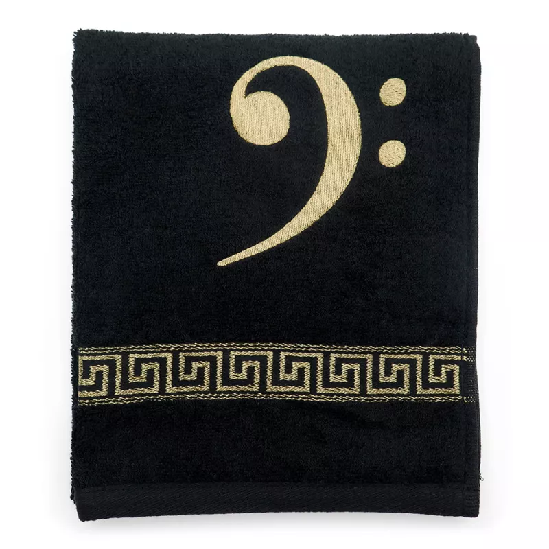 Ručník froté černý s bordurou a výšivkou béžová basový klíč