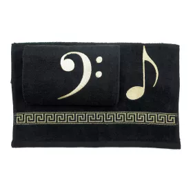 Ručník froté černý s bordurou a výšivkou béžová basový klíč