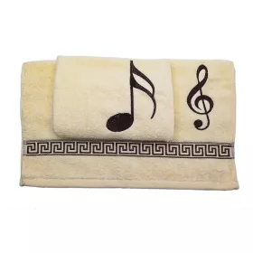 Ručník froté krémový s bordurou a výšivkou hnědá houslový klíč