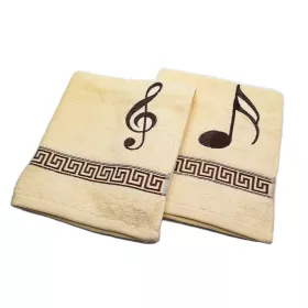 Ručník froté krémový s bordurou a výšivkou hnědá šestnáctinová nota