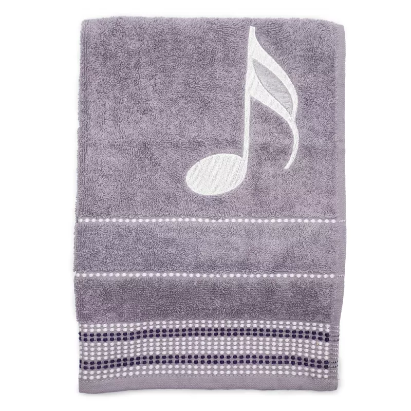 Ručník froté šedý s bordurou a výšivkou bílá šestnáctinová nota a houslový klíč - Šestnáctinová nota