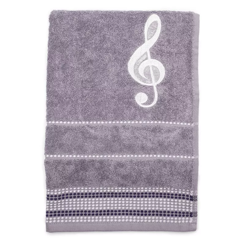 Ručník froté šedý s bordurou a výšivkou bílá šestnáctinová nota a houslový klíč - Houslový klíč