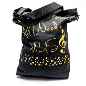 Taška nákupní černá se zlatým houslovým klíčem a All I need is music
