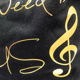 Taška nákupní černá se zlatým houslovým klíčem a All I need is music