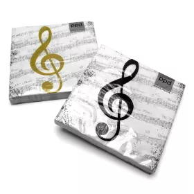 Ubrousky papírové bílé s šedými notami a zlatým houslovým klíčem I Love Music