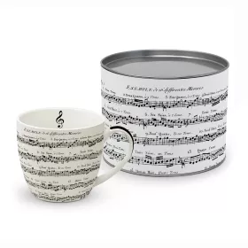 Hrnek porcelánový bílý s víčkem, černou osminovou notou, notami, houslovými klíči a baletkami