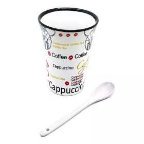 Hrnek se lžičkou porcelánový bíločerný se zlatým saxofonem, coffee a ornamenty