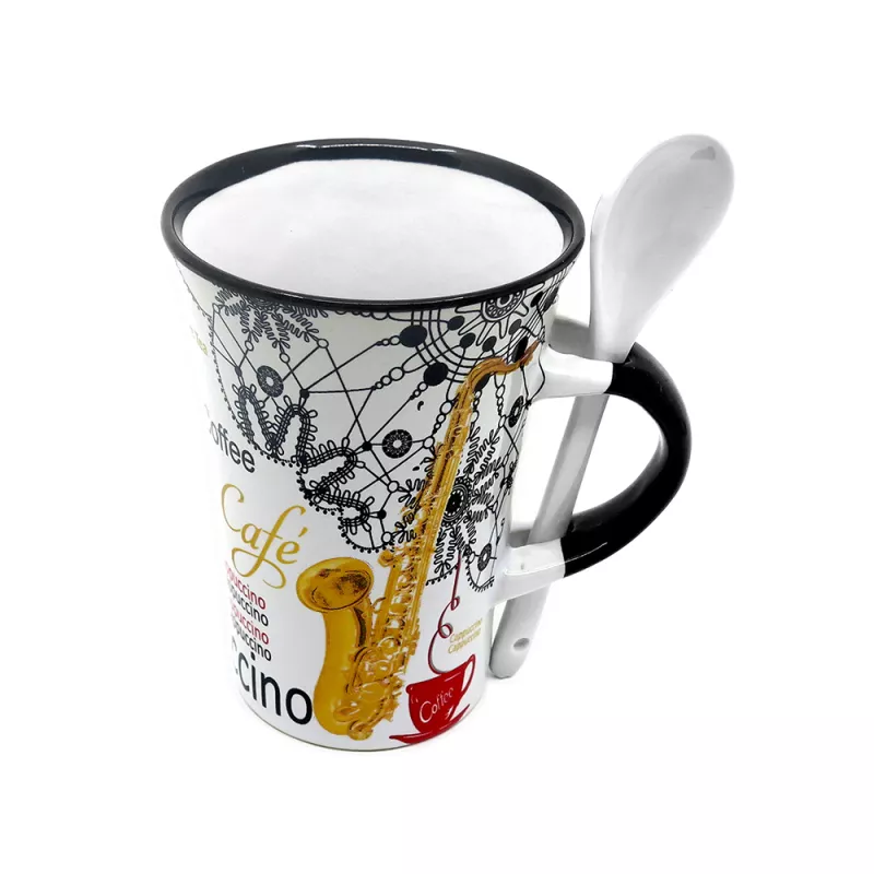 Hrnek se lžičkou porcelánový bíločerný se zlatým saxofonem, coffee a ornamenty