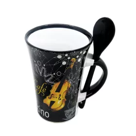 Hrnek se lžičkou porcelánový černobílý se zlatými houslemi, coffee a ornamenty