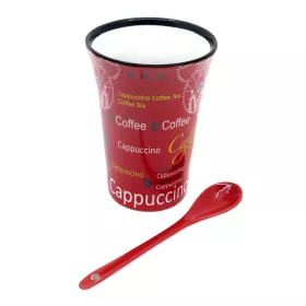 Hrnek se lžičkou porcelánový červenobílý se zlatými hudebními nástroji, coffee a ornamenty mix