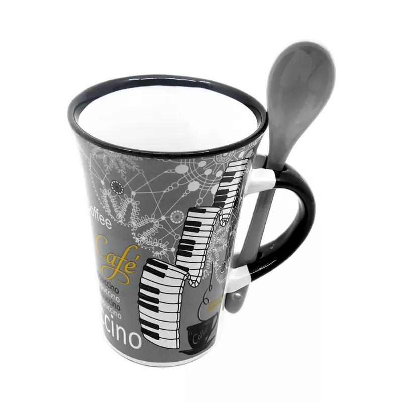 Hrnek se lžičkou porcelánový šedobílý s bílou klaviaturou, coffee a ornamenty