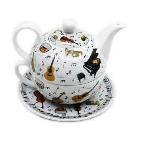 Konvička na čaj porcelánová bílá malá s hudebními nástroji a notami