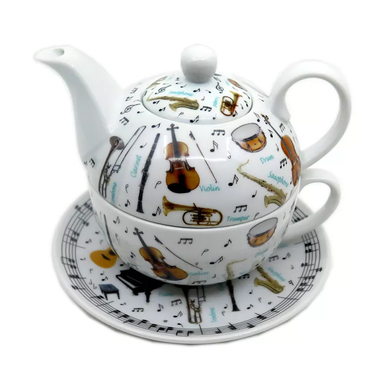 Konvička na čaj porcelánová bílá malá s hudebními nástroji a notami