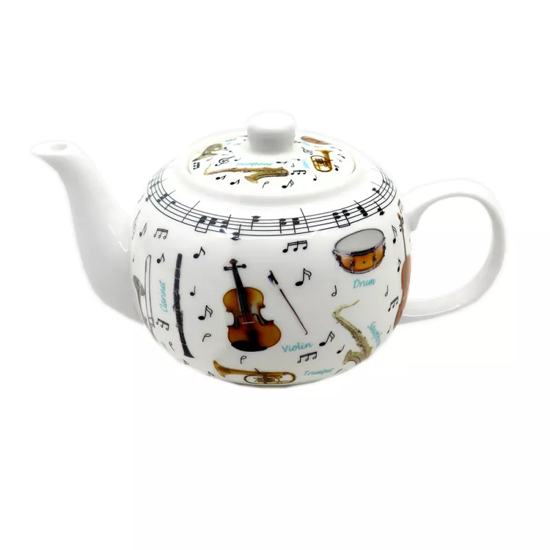 Konvička na čaj porcelánová bílá velká s hudebními nástroji a notami