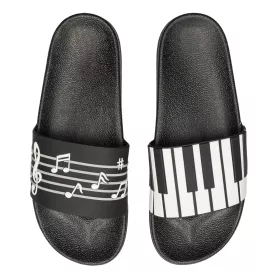Pantofle černé s bílou klaviaturou, houslovým klíčem a notami | 36, 37, 38, 39, 40, 41, 42 Pantofle černé s bílou klaviaturou, houslovým klíčem a notami