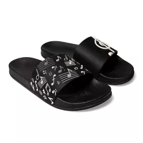 Pantofle dětské černé s bílým houslovým klíčem a notami