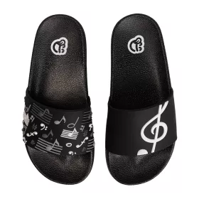 Pantofle dětské černé s bílým houslovým klíčem a notami | 30, 31, 32, 33, 34, 35