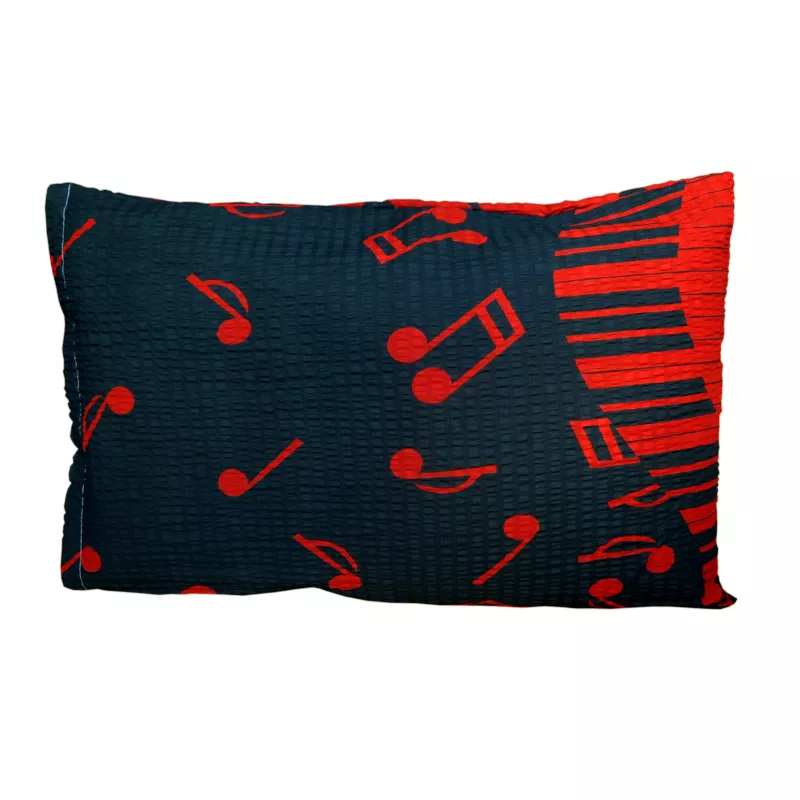 Povlak na polštář krepový černočervený noty a klaviatura