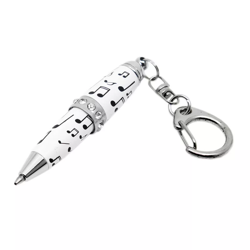  Přívěsek na klíče propiska mini kovová bílostříbrná s černými notami a kamínky