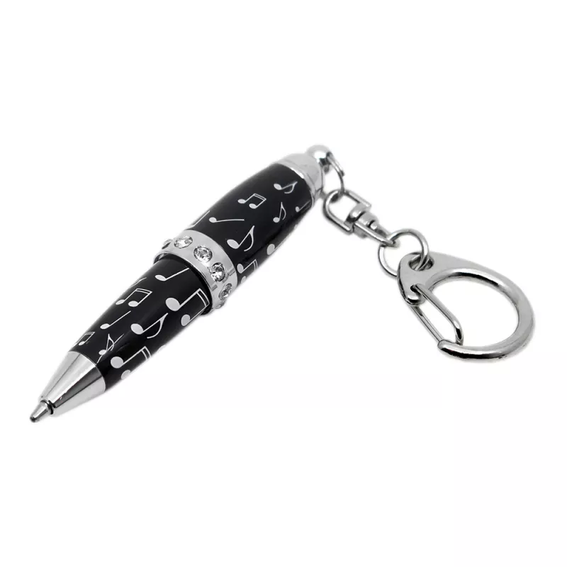  Přívěsek na klíče propiska mini kovová stříbrnočerná s bílými notami a kamínky