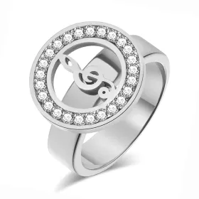 Prsten stříbrný ocel s houslovým klíčem v kroužku s kamínky