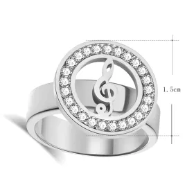 Prsten stříbrný ocel s houslovým klíčem v kroužku s kamínky