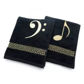 Ručník froté černý s bordurou a výšivkou béžová osminová nota basový klíč