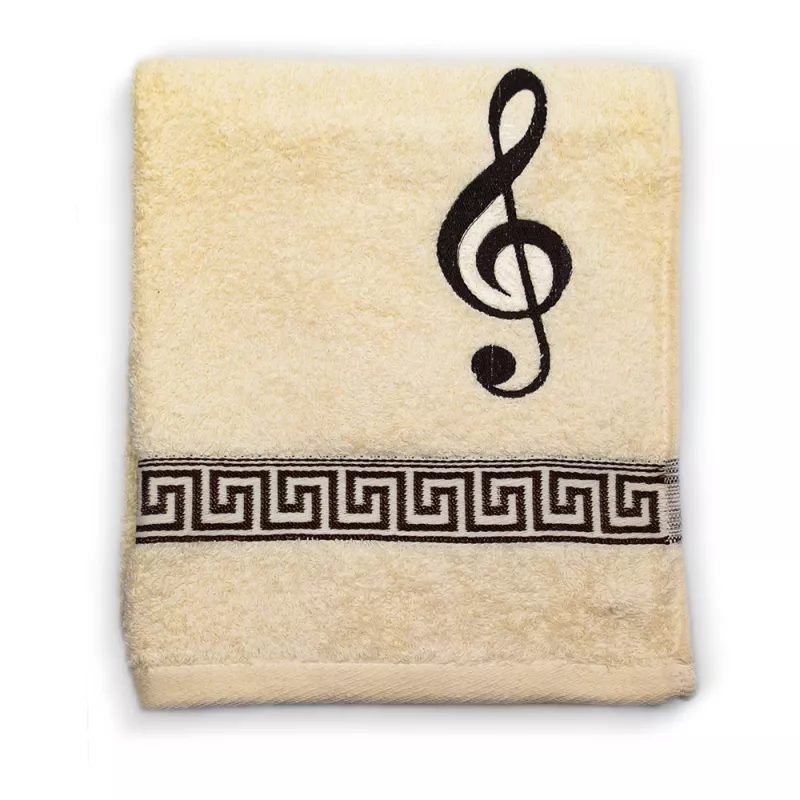 Ručník froté krémový s bordurou a výšivkou hnědá houslový klíč