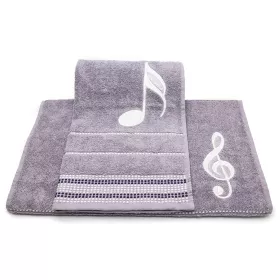 Ručník froté šedý s bordurou a výšivkou bílá šestnáctinová nota a houslový klíč - Šestnáctinová nota