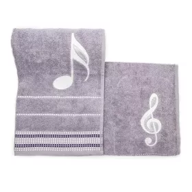 Ručník froté šedý s bordurou a výšivkou bílá šestnáctinová nota a houslový klíč - Šestnáctinová nota