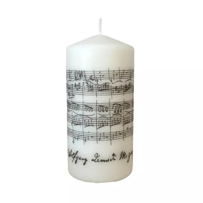 Svíčka oválná bílá přírodní s notami a partiturou Mozart 14×7 cm