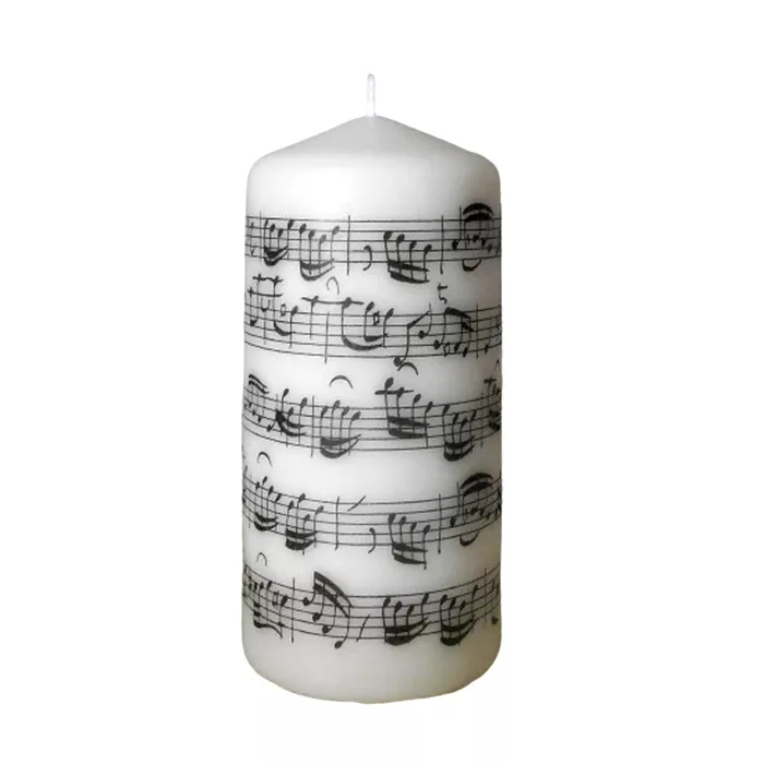  Svíčka oválná bílá přírodní s notami a partiturou Bach 14×7 cm