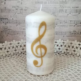 Svíčka oválná bílá přírodní zlatý houslový klíč s šedými notami 14×7 cm