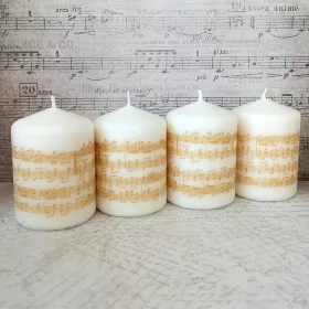 Svíčky oválné bílé přírodní se zlatými notami a partiturou sada 4ks 8×6 cm